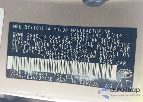 2013 Toyota Corolla L z USA, uszkodzony, nr VIN 2T1BU4EE2DC005771